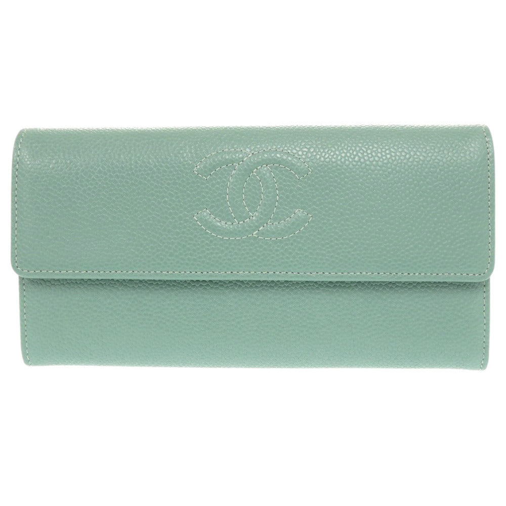 CHANEL Long Wallet Purse Caviar skin Mint green COCO Mark Women