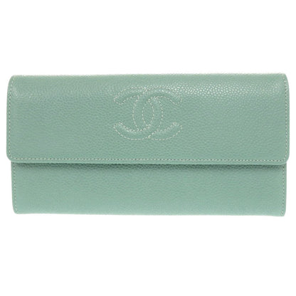 CHANEL Long Wallet Purse Caviar skin Mint green COCO Mark Women