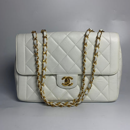 Chanel Classic Flap 1996 White Leather 24k Gold Plated Giant CC Logo