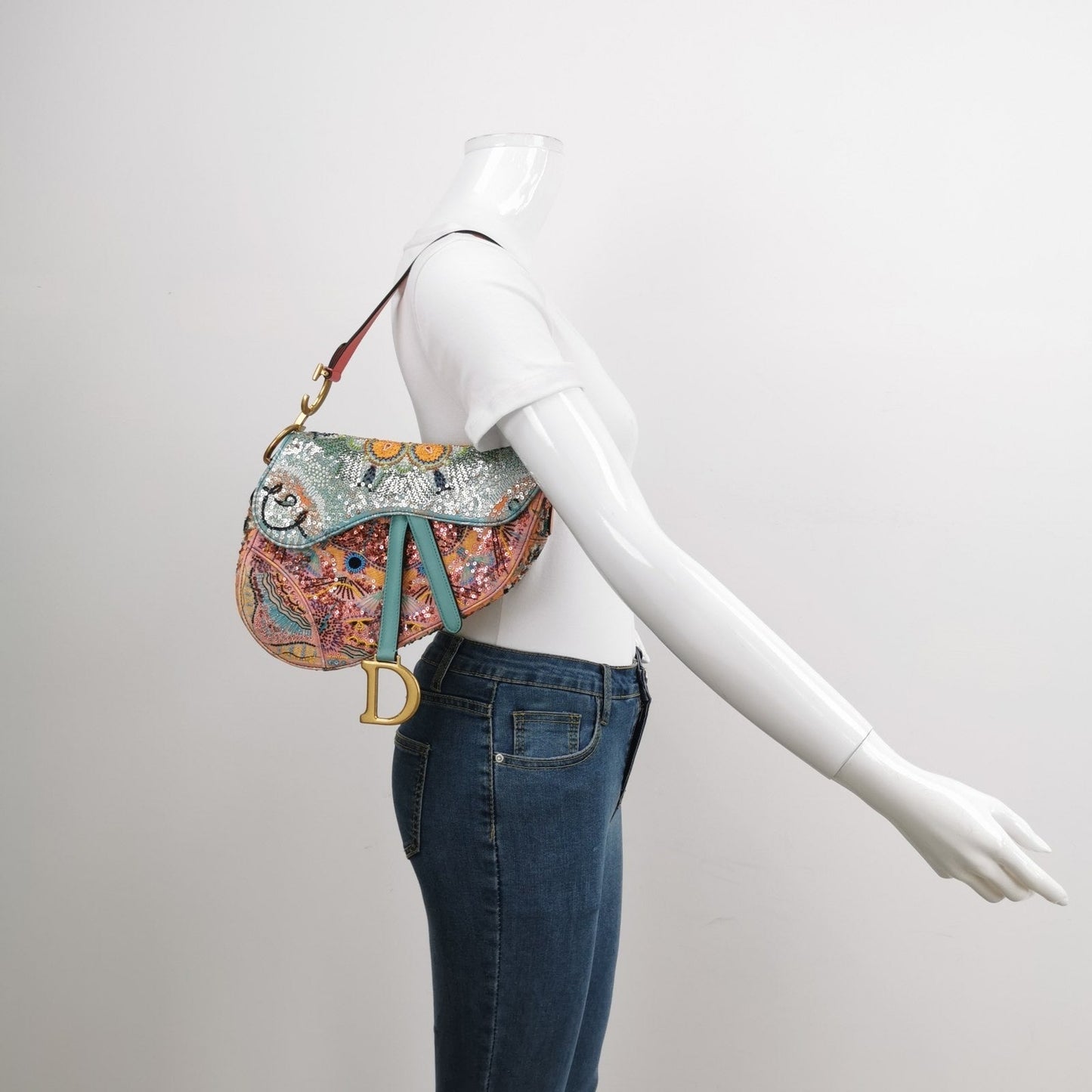 Christian Dior Saddle Medium Multicolor Beads and Calfskin Leather Shoulder Bag