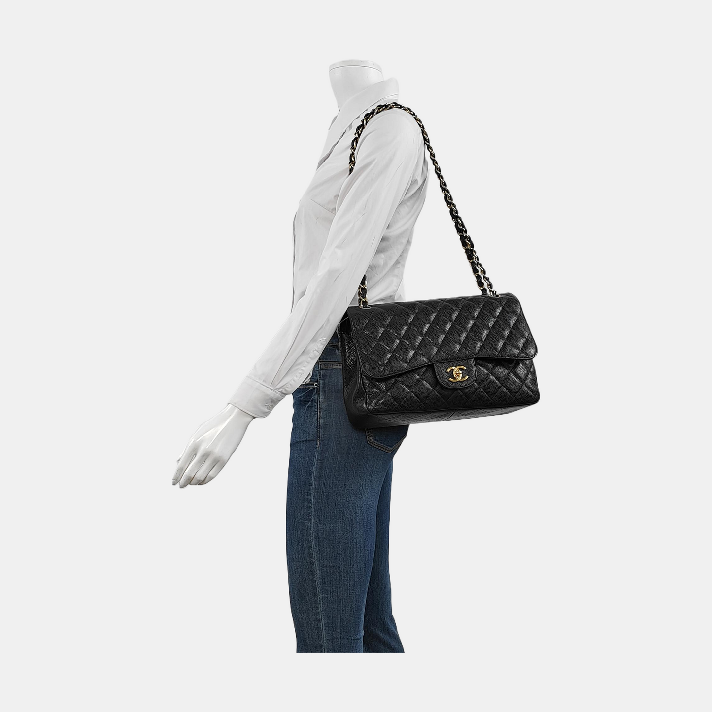 Chanel Classic Flap Jumbo Black Caviar Leather Double Flap with Gold Hardware