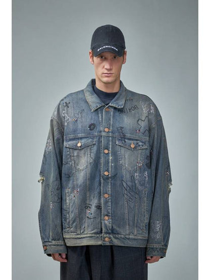Luxury Balenciaga Trending 2025 Graffiti Denim Jacket Blue