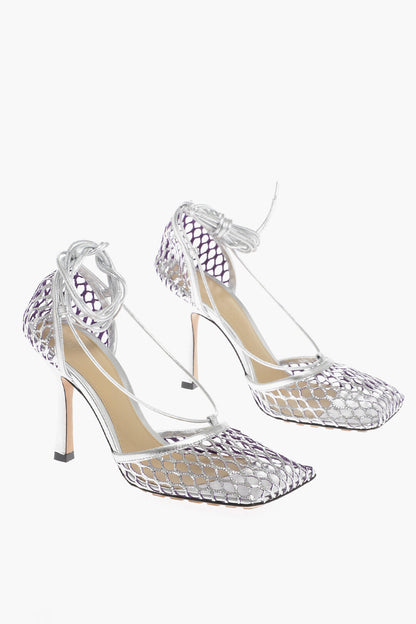 Luxury Bottega Veneta Fishnet Sandals Metallic Effect Heel 10 Cm