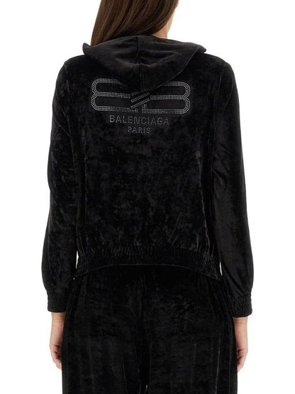 Luxury Balenciaga Trending 2025 Women's BB Paris Strass Velvet  Zip-Up Hoodie Black