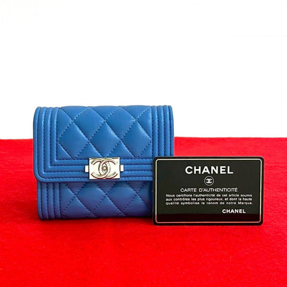 CHANEL Tri-fold wallet lambskin blue Matrasse Boy chanel