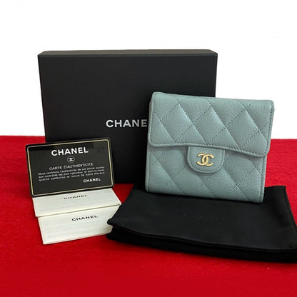 CHANEL Tri-fold wallet Matt caviar skin blue Matrasse