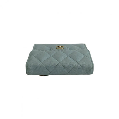 CHANEL Tri-fold wallet Matt caviar skin blue Matrasse