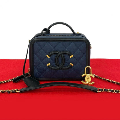 CHANEL Shoulder Bag Matt caviar skin Navy Matrasse CC filigree