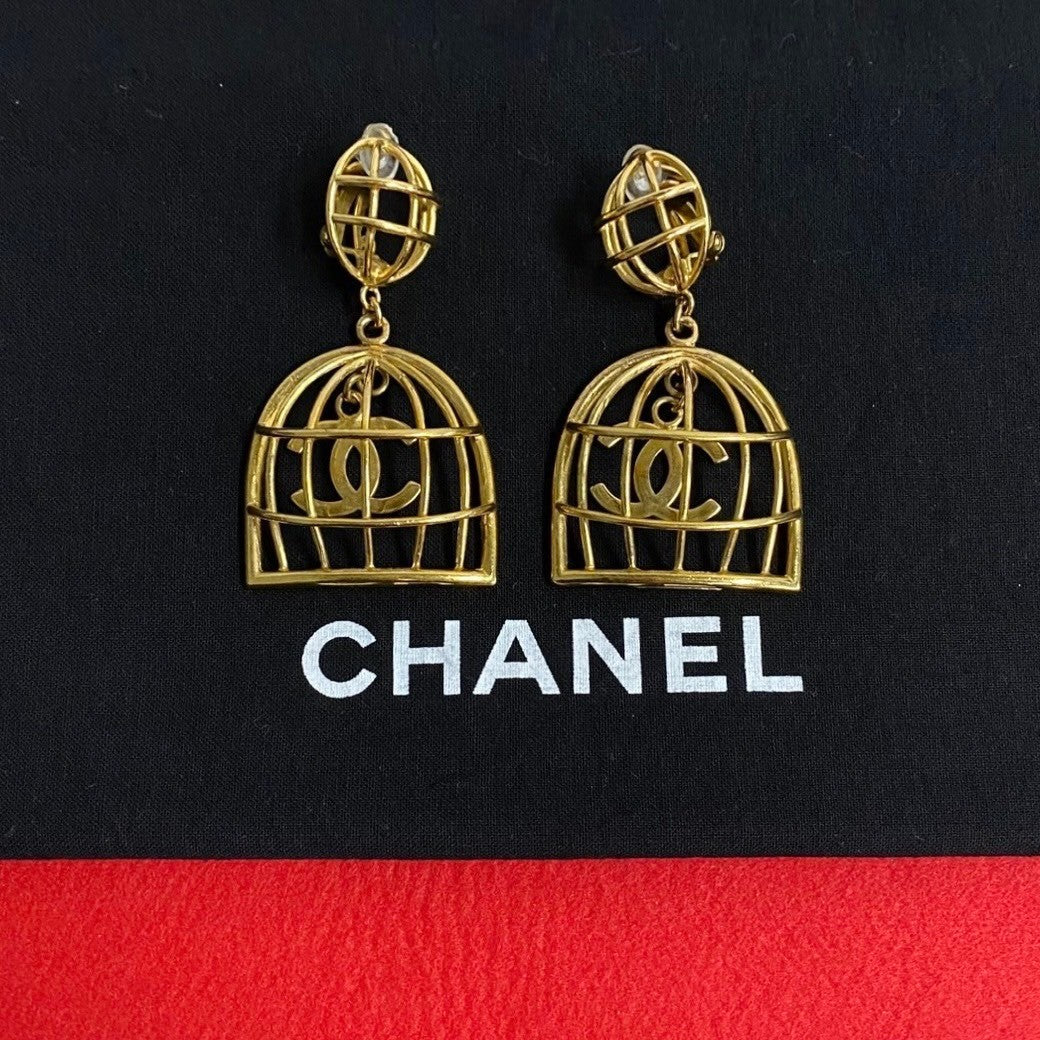 CHANEL Earring Gold Plated gold COCO Mark Birdcage Swing Women