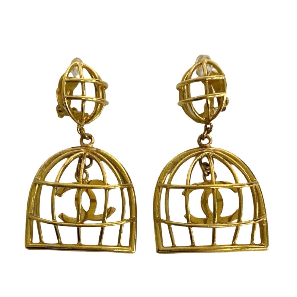 CHANEL Earring Gold Plated gold COCO Mark Birdcage Swing Women
