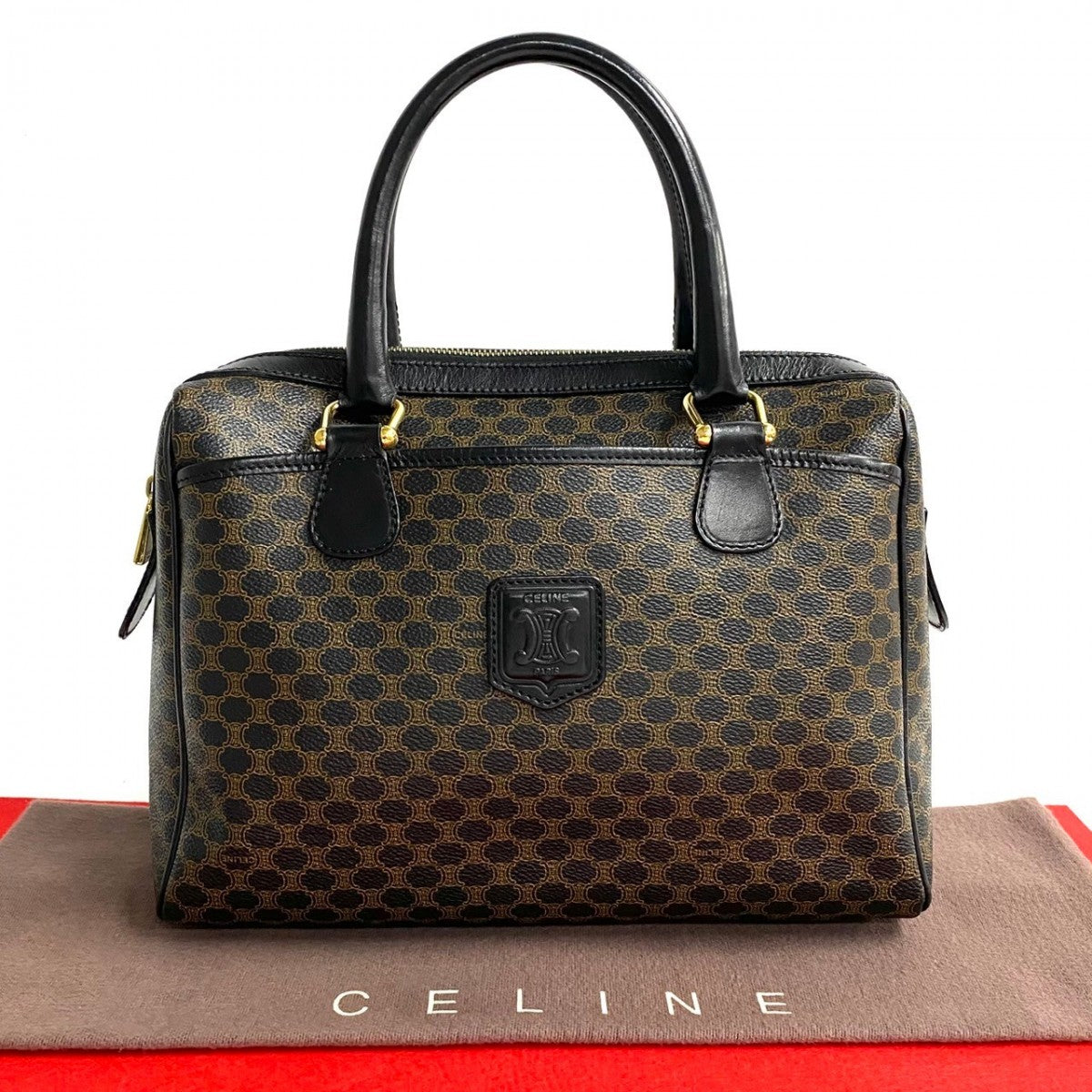 CELINE Handbag Leather, PVC Brown Macadam Blason Triomphe Pattern Women