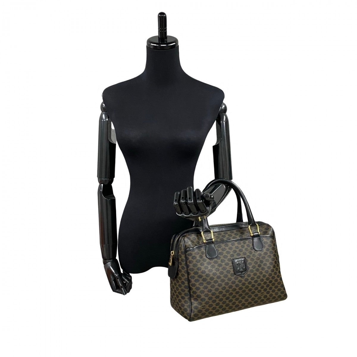 CELINE Handbag Leather, PVC Brown Macadam Blason Triomphe Pattern Women