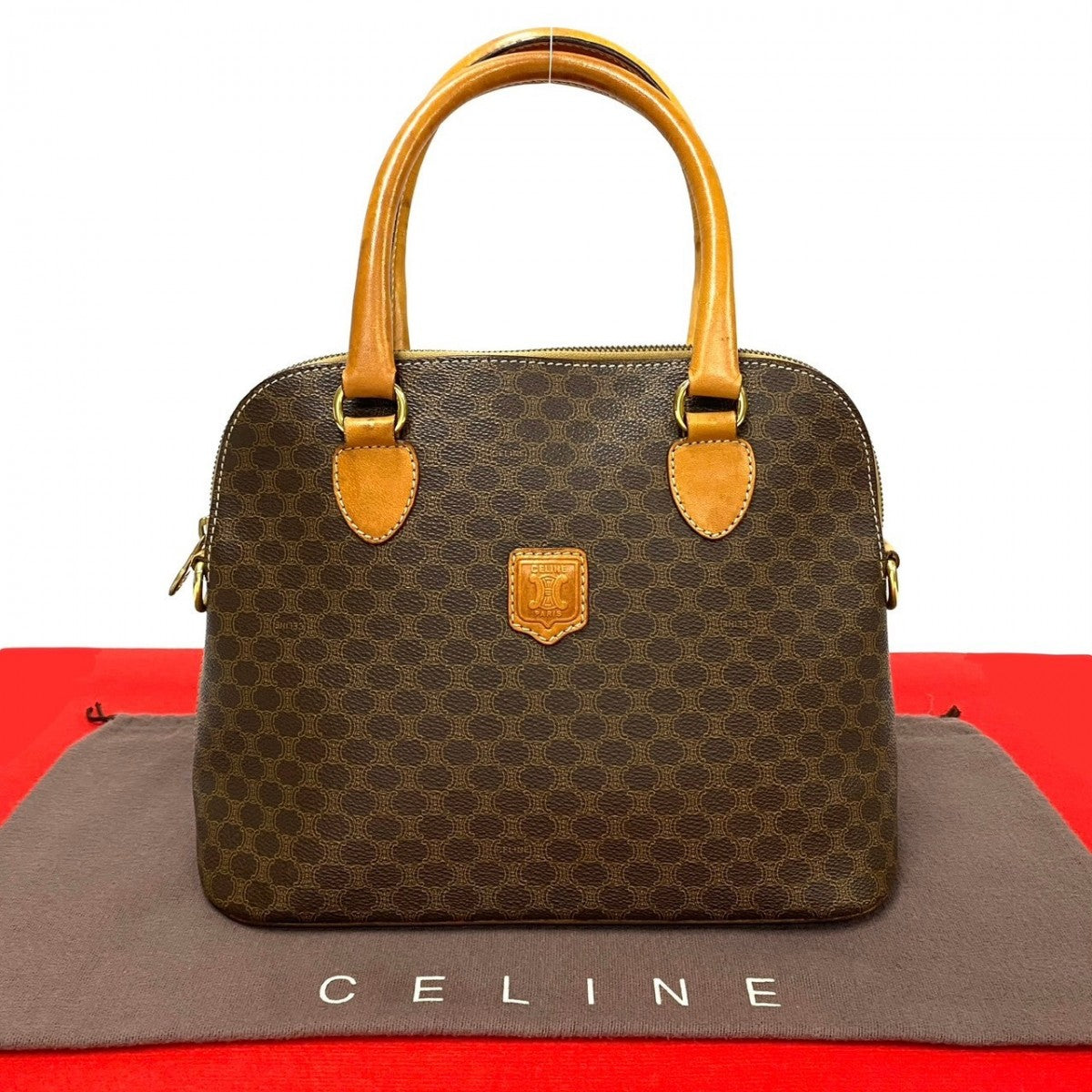 CELINE Handbag Leather, PVC Brown Macadam Blason Triomphe Pattern Women