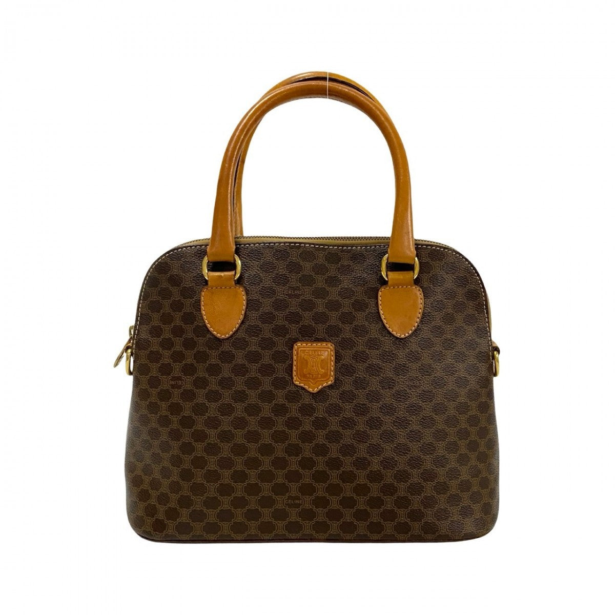 CELINE Handbag Leather, PVC Brown Macadam Blason Triomphe Pattern Women