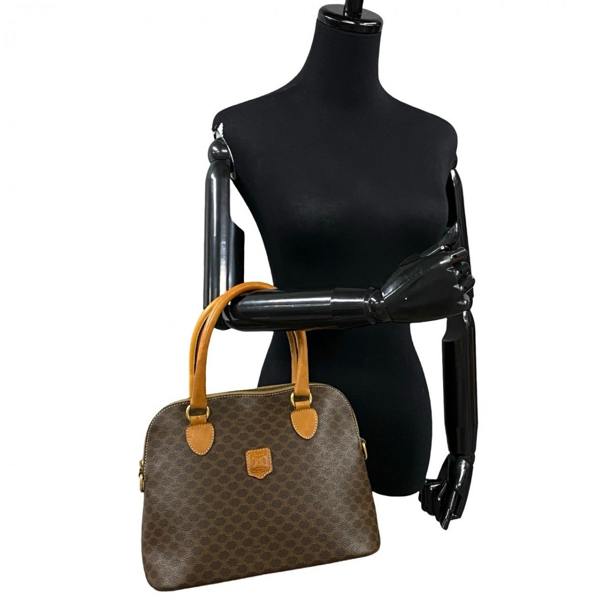 CELINE Handbag Leather, PVC Brown Macadam Blason Triomphe Pattern Women