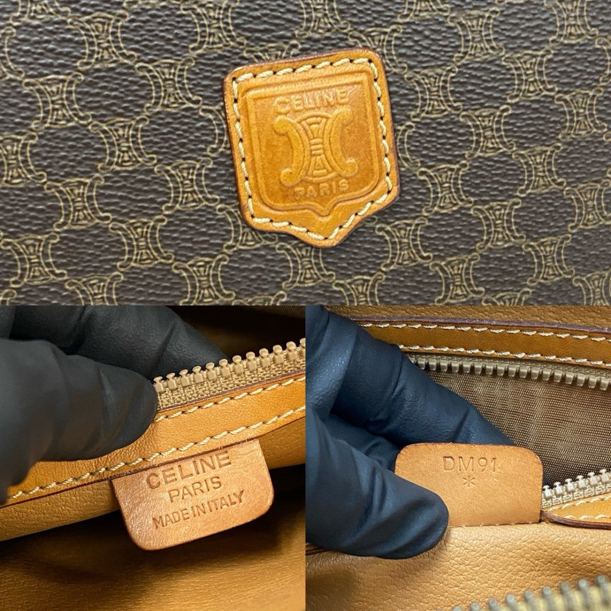 CELINE Handbag Leather, PVC Brown Macadam Blason Triomphe Pattern Women