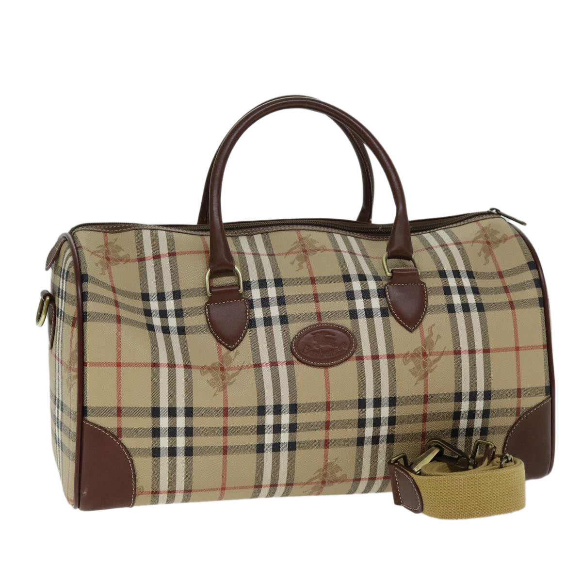 Luxury BurberrySs Nova Check Boston Bag PVC Leather 2way Beige Auth 80146
