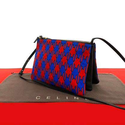 CELINE Shoulder Bag Leather, Cotton black Houndstooth pattern trio Women