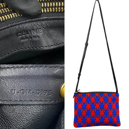 CELINE Shoulder Bag Leather, Cotton black Houndstooth pattern trio Women