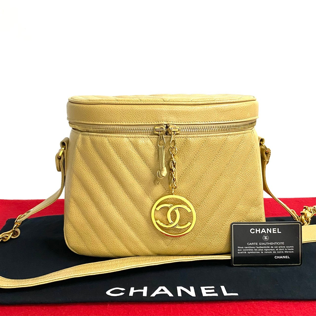 CHANEL Shoulder Bag Matt caviar skin beige Vstitch