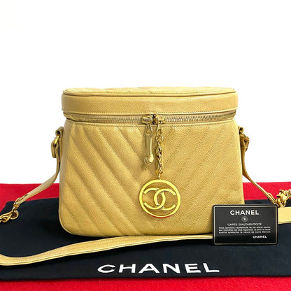 CHANEL Shoulder Bag Matt caviar skin beige Vstitch