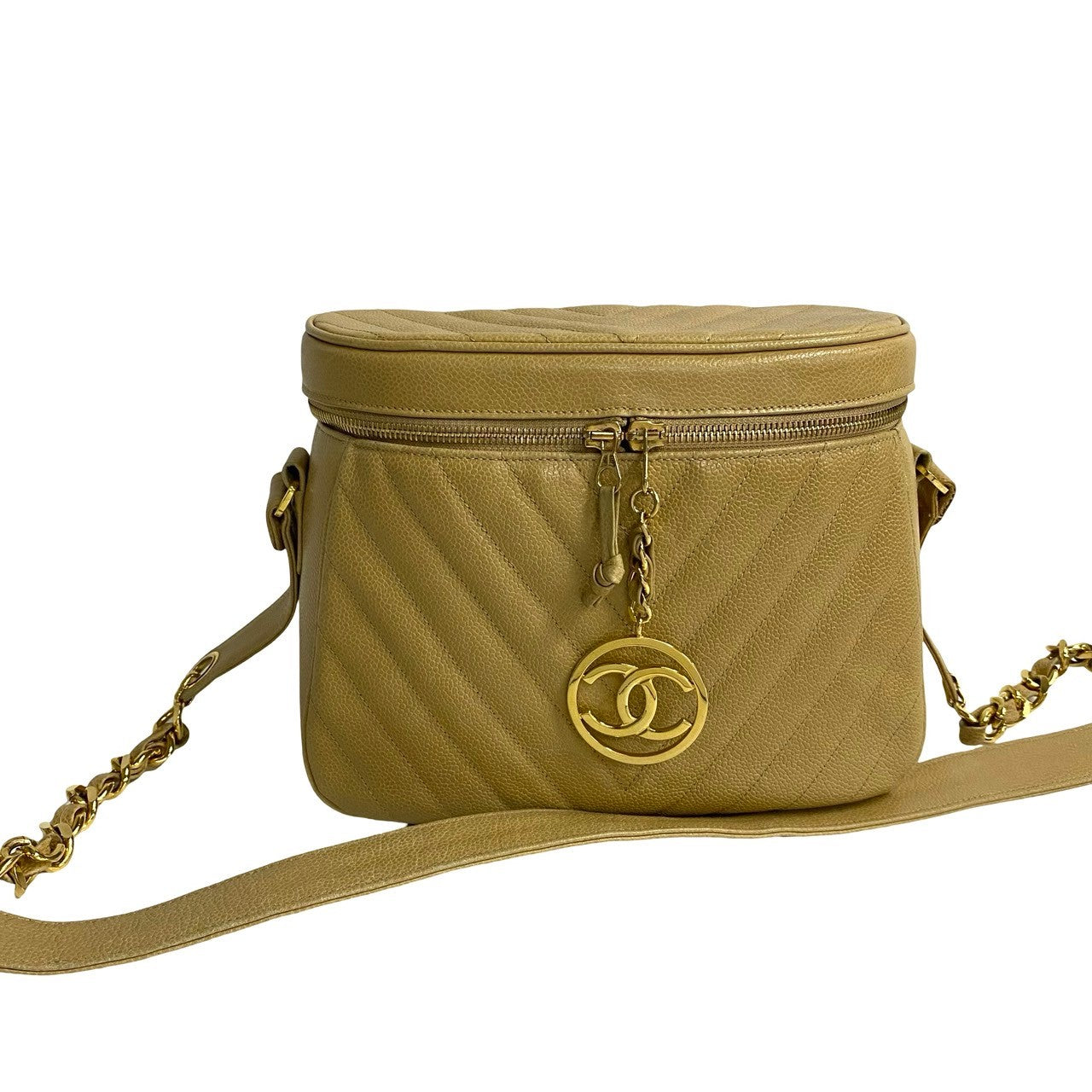 CHANEL Shoulder Bag Matt caviar skin beige Vstitch