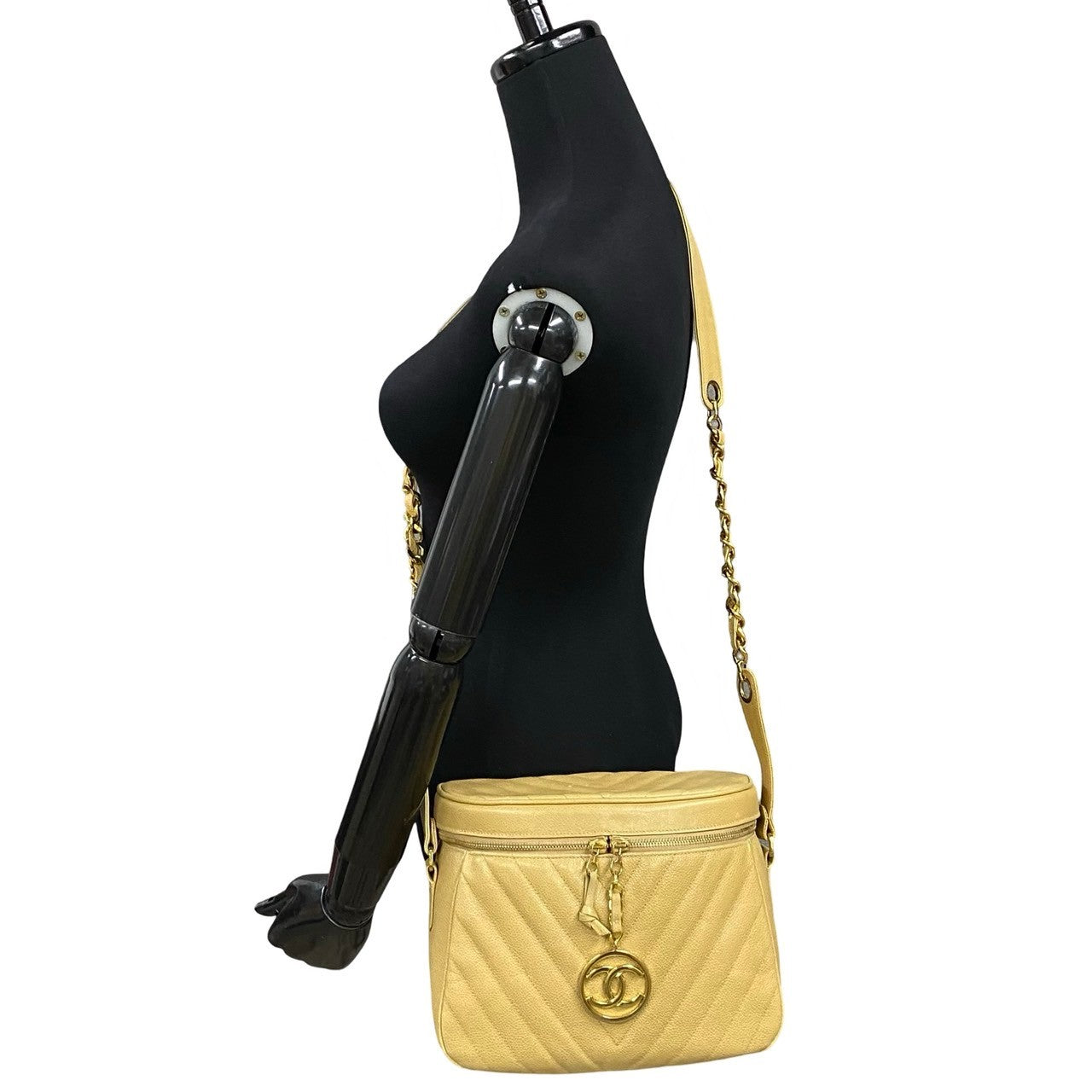 CHANEL Shoulder Bag Matt caviar skin beige Vstitch