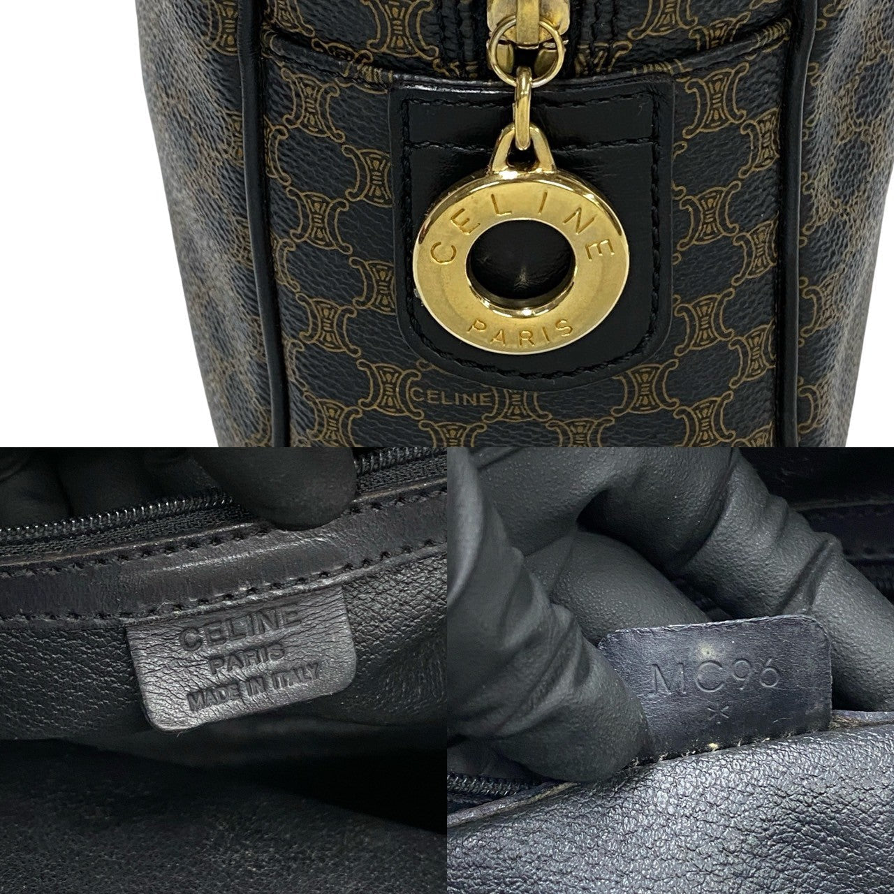 CELINE Handbag Leather, PVC black Macadam Blason Triomphe Pattern Women