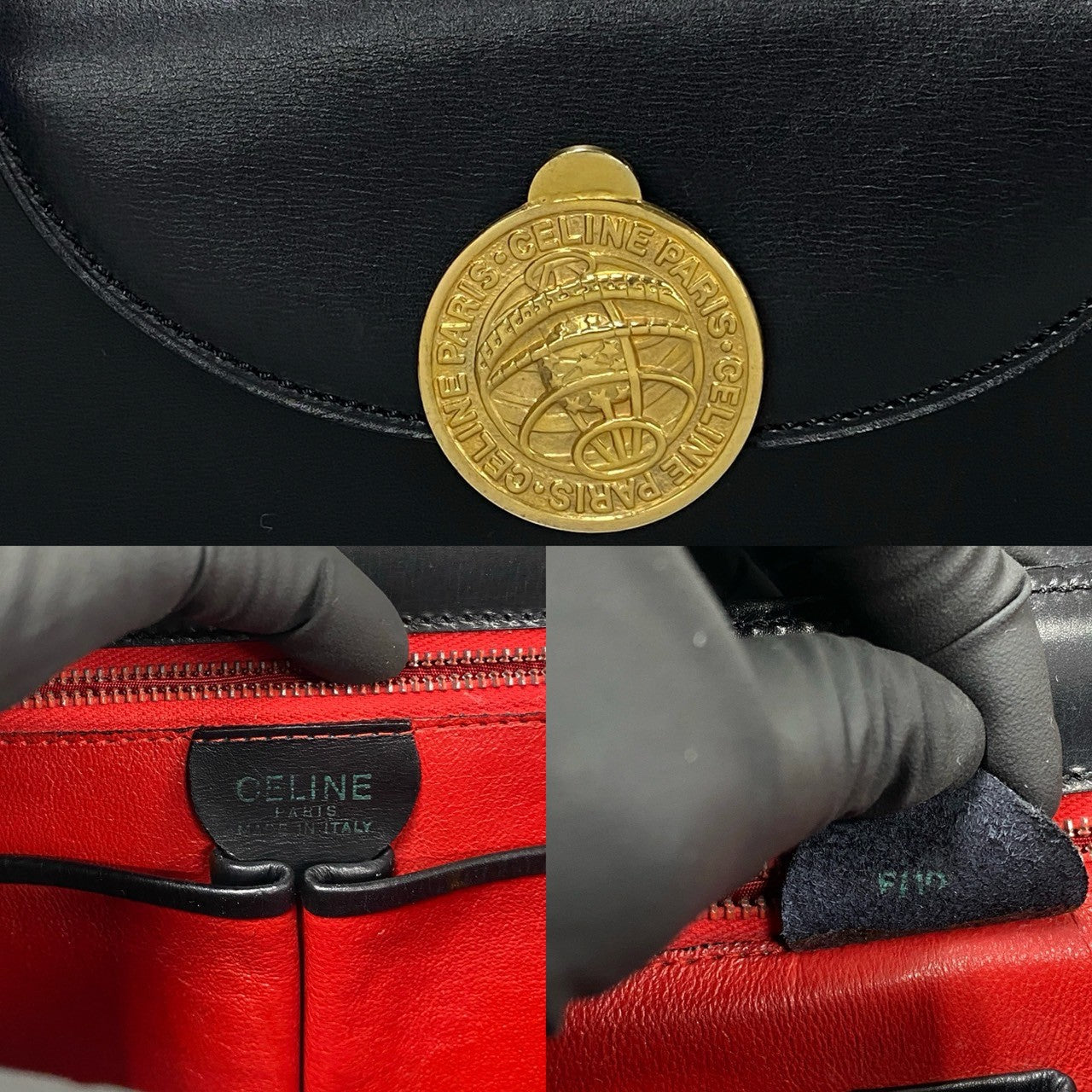 CELINE Handbag leather black Globe logo Metal Women