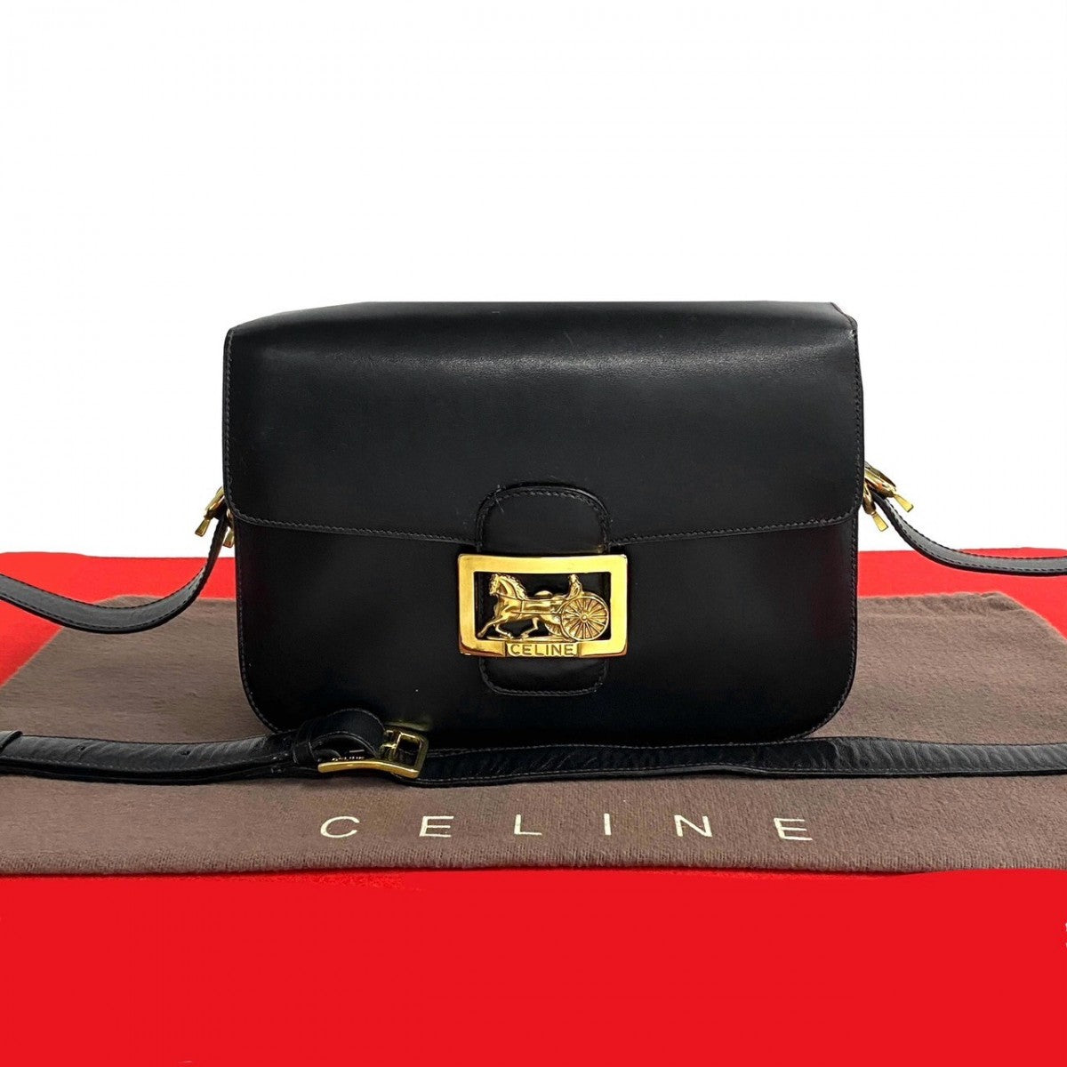 CELINE Shoulder Bag leather black Carriage Metal Women