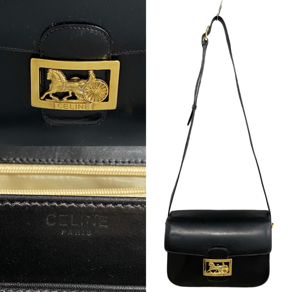 CELINE Shoulder Bag leather black Carriage Metal Women