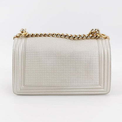 Chanel Le Boy Medium White Pearlescent Waffle Lambskin Leather Red Lock 2013-2014