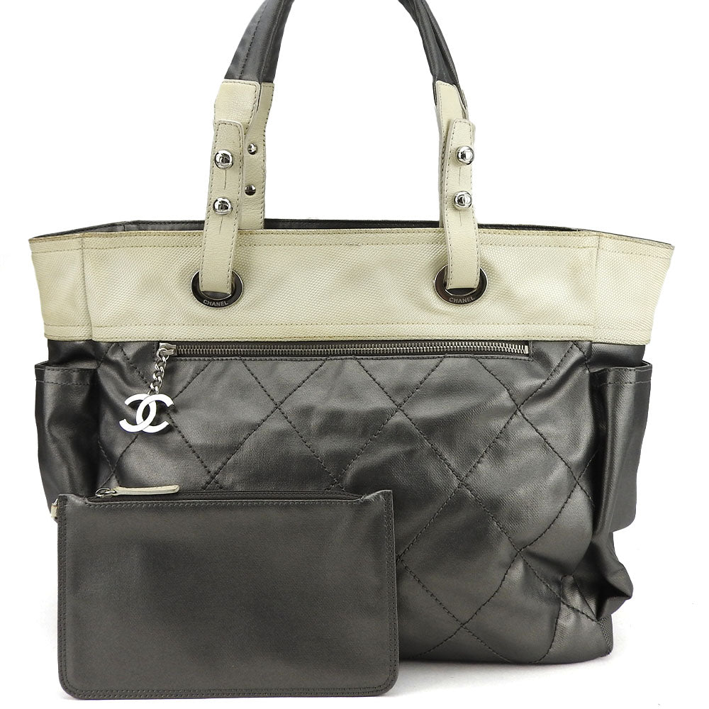 CHANEL Tote Bag Coated canvas Silver Paris Biarritz GM