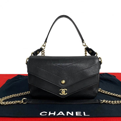 CHANEL Shoulder Bag leather black COCO Mark Vstitch Women