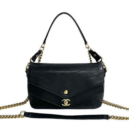 CHANEL Shoulder Bag leather black COCO Mark Vstitch Women