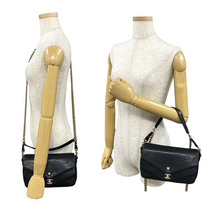 CHANEL Shoulder Bag leather black COCO Mark Vstitch Women