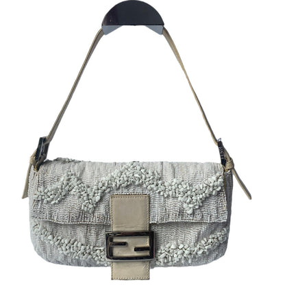 Fendi Baguette White Beaded with Stones in Wave Pattern