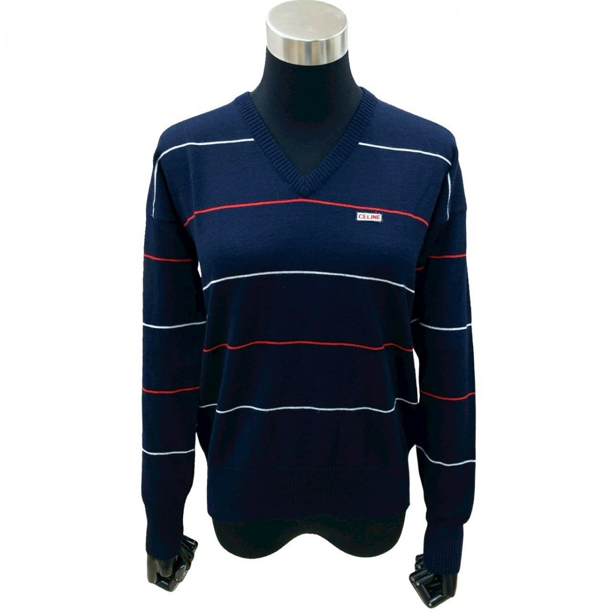 CELINE sweater wool Navy logo V-neck school knit Women 44