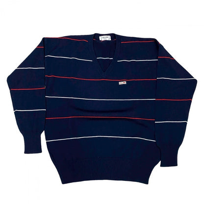 CELINE sweater wool Navy logo V-neck school knit Women 44