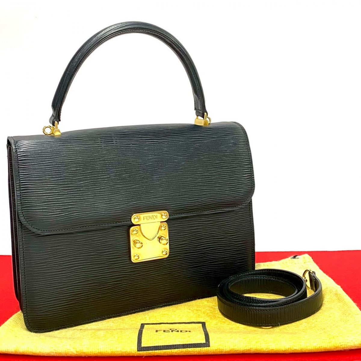 FENDI Shoulder Bag Epi Leather black FF logo Metal Women