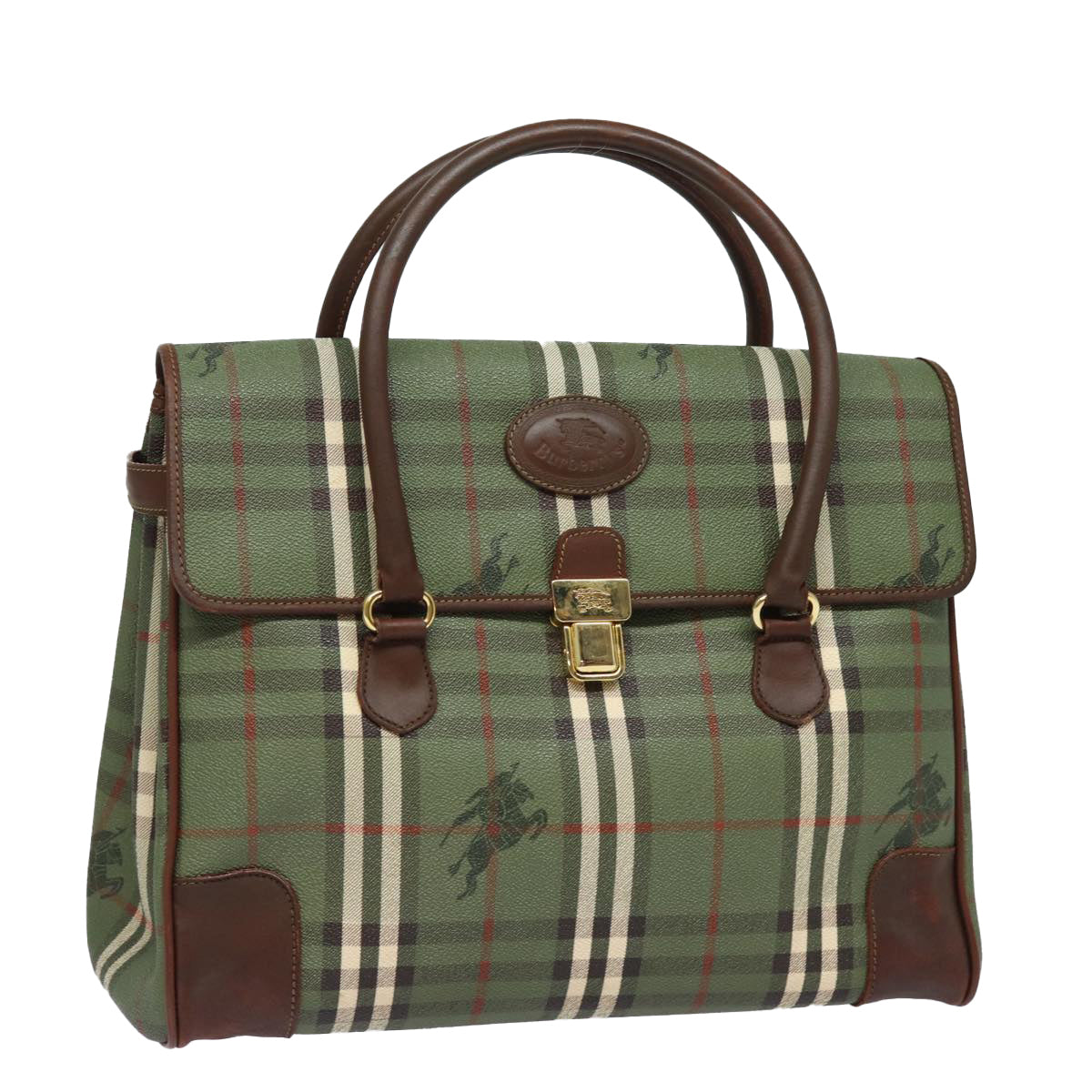 Luxury BurberrySs Nova Check Hand Bag PVC Leather Green Auth 81321