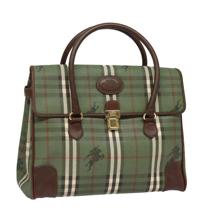 Luxury BurberrySs Nova Check Hand Bag PVC Leather Green Auth 81321