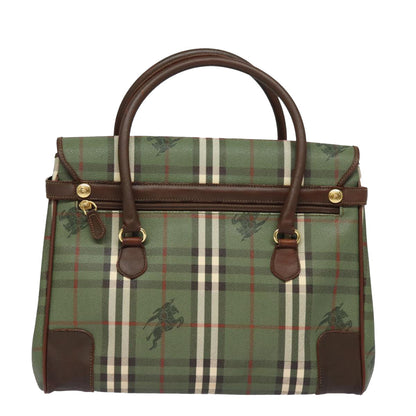 Luxury BurberrySs Nova Check Hand Bag PVC Leather Green Auth 81321