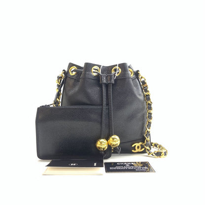 Chanel Vintage Mini Bucket Bag Black Caviar Leather Gold Logo, 1996-1997