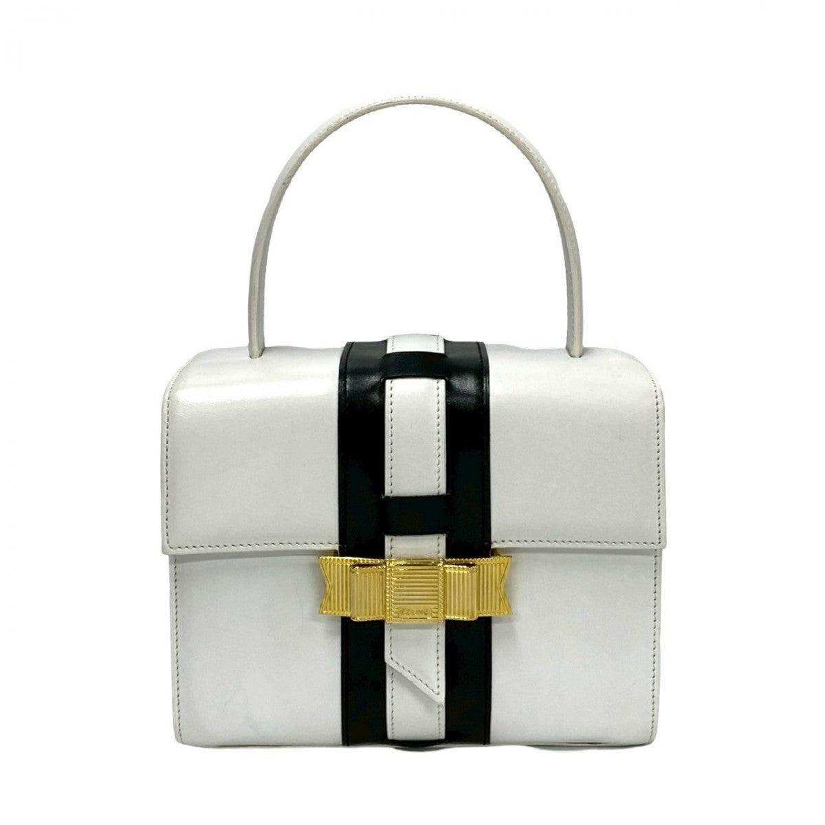 CELINE Handbag leather white logo ribbon Metal Women