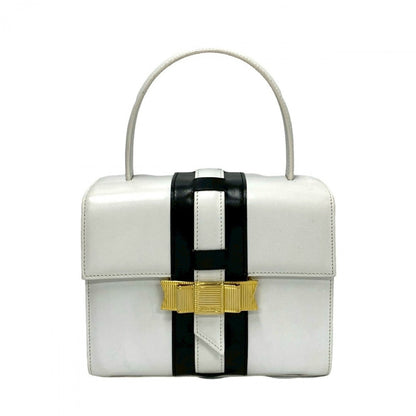 CELINE Handbag leather white logo ribbon Metal Women