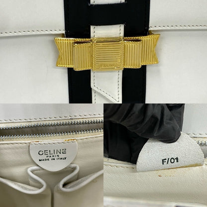 CELINE Handbag leather white logo ribbon Metal Women