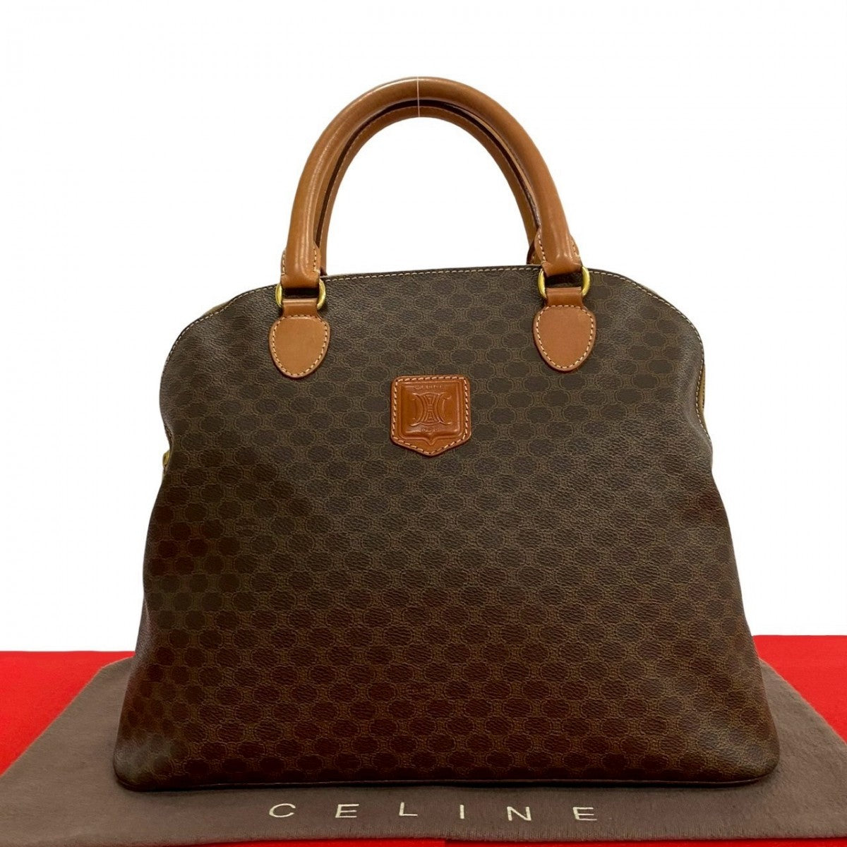 CELINE Handbag Leather, PVC Brown Macadam Blason Triomphe Pattern Women