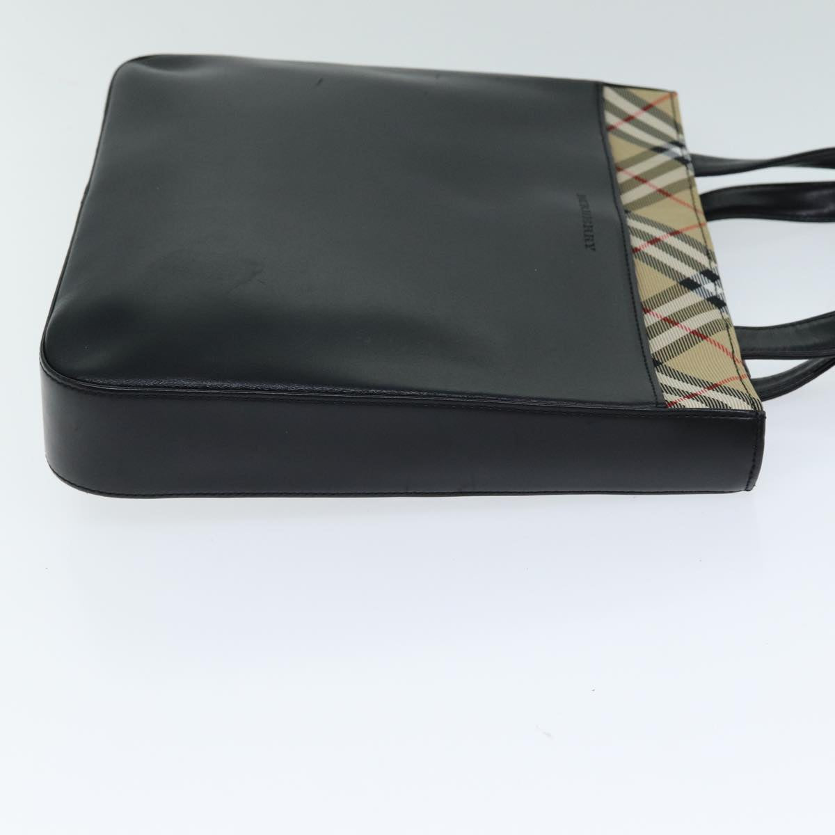 Luxury Burberry Nova Check Hand Bag Leather Canvas Black Beige Auth 81655