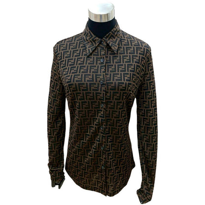 FENDI Long sleeve shirt Rayon, Nylon, Polyester Brown Zucca FF Pattern Women